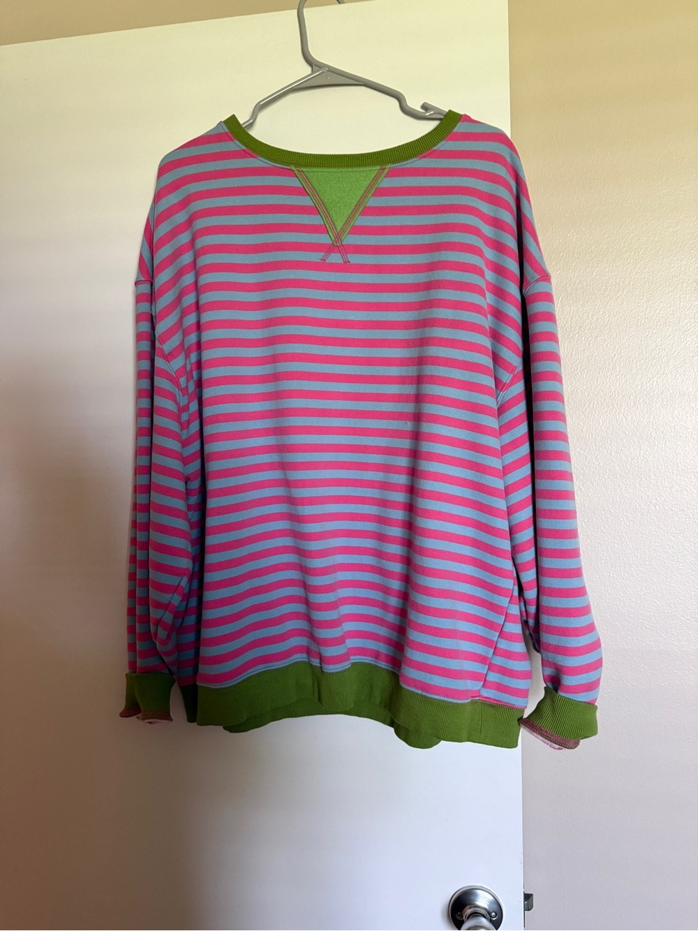Natural Life Striped Pink & Blue Sweatshirt with Green Trim